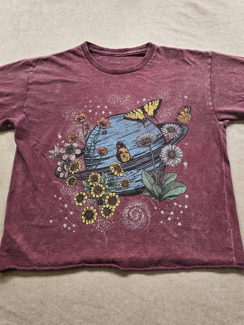 Fifth Sun Saturn Floral Butterfly Graphic Crop Tee Burgundy XS